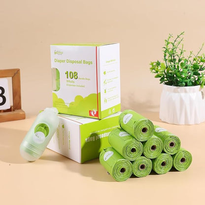USBOO Disposable Diaper Bags for Baby, 9 Refill Rolls/108 Bags，OXO-Biodegradable Diaper Sacks with Dispenser,Easy-Tie Handles,Large Dirty Diaper Disposal or Pet Waste Bags