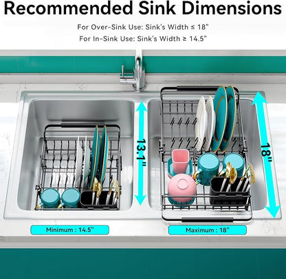 Urackify Expandable Stainless Steel in Sink Dish Drying Rack - Adjustable Dish Rack Over Sink, Rustproof Dish Drainer for Kitchen Counter, Dish Strainer with Utensil Holder, Fit Sink for 13"-18"