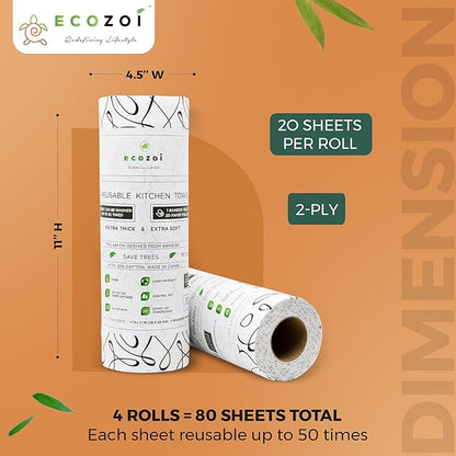 Ecozoi Bamboo Rayon Reusable Towels - 4 Pack | Equivalent to 80 Regular Rolls | 70% Rayon from Bamboo and 30% Cotton Kitchen Paper Rolls | 50 Times More Usage than Regular Paper Rolls