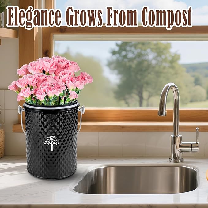 AOSION Countertop Compost Bin Kitchen，Odorless Indoor Compost Bin with Lid and 50 Pack Compost Bags,Compost Bucket Composter Container for Food Waste,Black