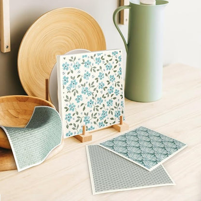 Green Swedish Dishcloths for Kitchen, 6 PCS Swedish Dish Cloths, 7.5 x 6.7 Inch Super Absorbent Washable Reusable Floral Cloths Dish Towel, No Odor Cellulose Sponge (Light-Green)