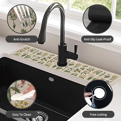 2PCS 24" X 5.5" Kitchen Sink Splash Guard Faucet Mat Floral Super Absorbent Fast Drying Faucet Guard & Draining Mat Sink Splash Guard Behind Faucet for Kitchen, Bathroom