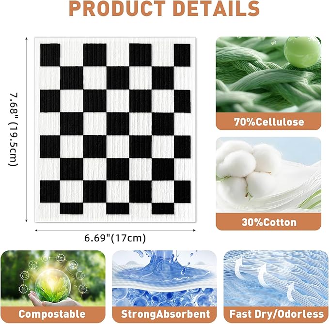 Swedish Dishcloths for Kitchen - 4 Pack Geometric Pattern Reusable Paper Towels, Non-Scratch Cellulose Cloths, No Odor, Biodegradable Cleaning Cloths