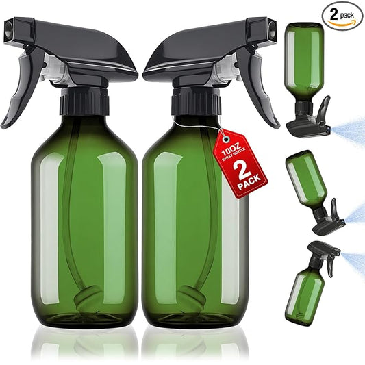 2 Packs Plastic Spray Bottles 360°Water Spray Bottle for Cleaning - 10 oz/300 ml Upside Down Spray Bottle Refillable Small Squirt Bottle with Adjustable Nozzle for Hair, Cooking, Plant, Pet (Green)