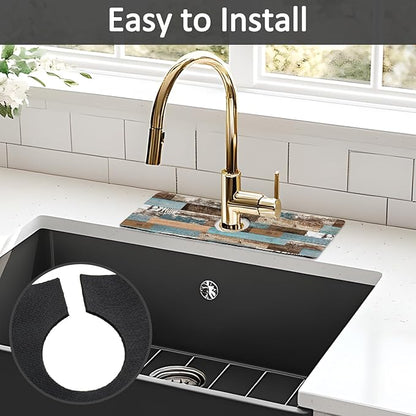 2PCS 15" X 5.5" Kitchen Sink Splash Guard Faucet Mat Wood Grain Super Absorbent Fast Drying Faucet Guard & Draining Mat Sink Splash Guard Behind Faucet for Kitchen, Bathroom