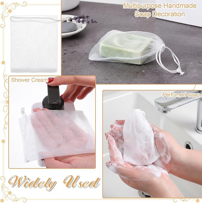 40 PCS Mesh Soap Bags, Exfoliating Soap Pouch with Drawstring, Bubble Mesh Net Bags Soaps Bag for Shower and Face Cleansing, White