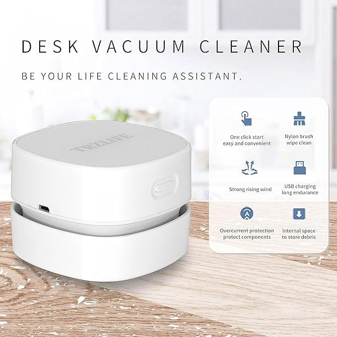 TRZLIFE USB Rechargeable Mini Desk Crumb Vacuum, Portable Cordless Desktop Cleaner for Keyboard, Desktop, Countertop, Drawer, Ideal Office Accessory Ideal Gift, White