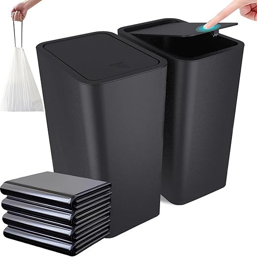 2.65-gallon/10-liter Push-Button Trash can with lid + 100 Trash Bags. Features pet-Proof, Odor-Proof, and Quiet-Closing Functions; Suitable for bedrooms, bathrooms, Kitchens, and Offices (Black)
