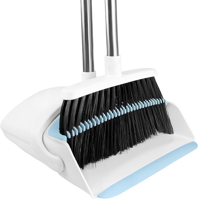 BSKLIN Broom and Dustpan Set, Broom with Dustpan Combo Set with Teeth to Clean Pet Hair 52-in Long Adjustable Handle Broom for Home Office Kitchen Lobby