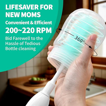 Electric Bottle Brush Cleaner, Portable Electric Baby Bottle Brush Cleaner for Travel, Rechargable Travel Bottle Cleaner Kit with Nipple & Straw Brush, Perfect Mom Essentials After Birth Gift, Green