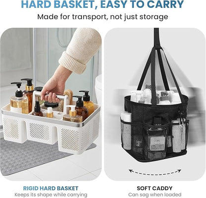 BYUNER Plastic Shower Caddy Dorm: Portable Shower Basket Tote with Handle, 4 Compartments, All-Side Drainage, Hard Bathroom & Cleaning Caddy Organizer for college Dorm Room Essentials, White/Silver