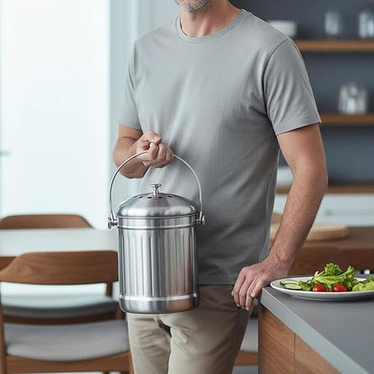 1.3 Gallons 5L Brushed Stainless Steel Kitchen Countertop Undersink Indoor Odorless Composting Compost Bin Countertop Composter with Charcoal Filter Inside Lid Brushed