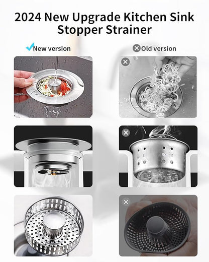 3 in 1 Kitchen Sink Drain Strainer [304 Stainless Steel Pop Up] Anti-Clogging Kitchen Sink Drain Stopper Stainless Steel Drainage Odor Filter Sink Plug for Us Standard 3-1/2 Inch (2 Pack)