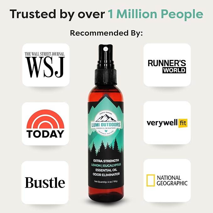 Lumi Outdoors Natural Shoe Deodorizer Spray (700+ Sprays) - Odor Eliminator for Smelly Shoes, Sneakers, Boots, Cleats & Foot Odor - Essential Oil Formula, Lemon Eucalyptus
