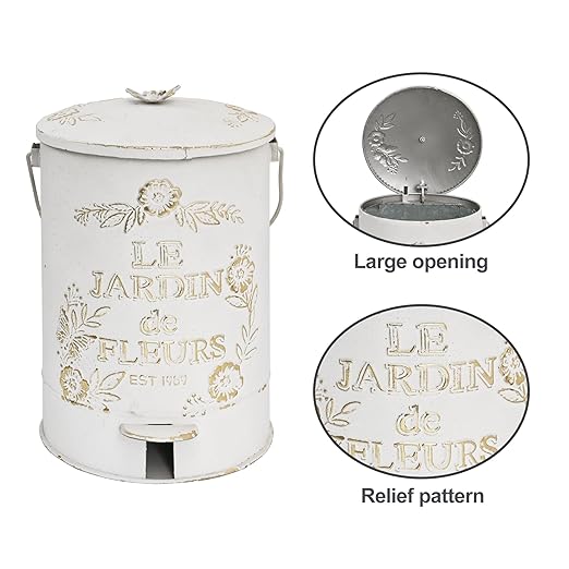 Rustic Farmhouse Decor Trash Can with Lid and Pedal Retro Handmade Distressed Design Pattern Round Garbage Cans Recycling Waste Bin for Home Patio Yard Bathroom Kitchen Garden Living Room White&Gold
