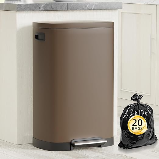 KdbK 13 Gallon Trash Can with Lid, 50L Fingerprint Proof Stainless Steel Kitchen Trash Can with Removable Inner Bucket and Lid Soft Close, Pedal Rubbish Bin for Home Office, Brown