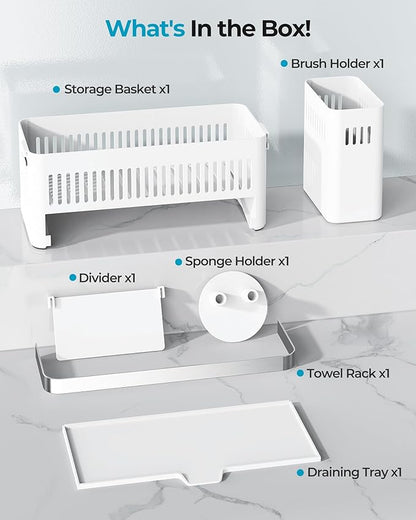 Nieifi Sponge Holder for Kitchen Sink, Sink Caddy with Towel Rack, Dish Sponge Holder, Brush Holder for Kitchen Sink Organizer Storage, White