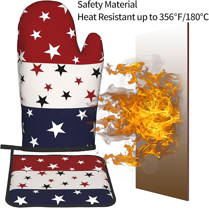 Red White and Blue Oven Mitts and Pot Holders Sets Patriotic American Flag StripedKitchen Mitts 4th of July Hot Pads for Cooking BBQ Baking Grilling