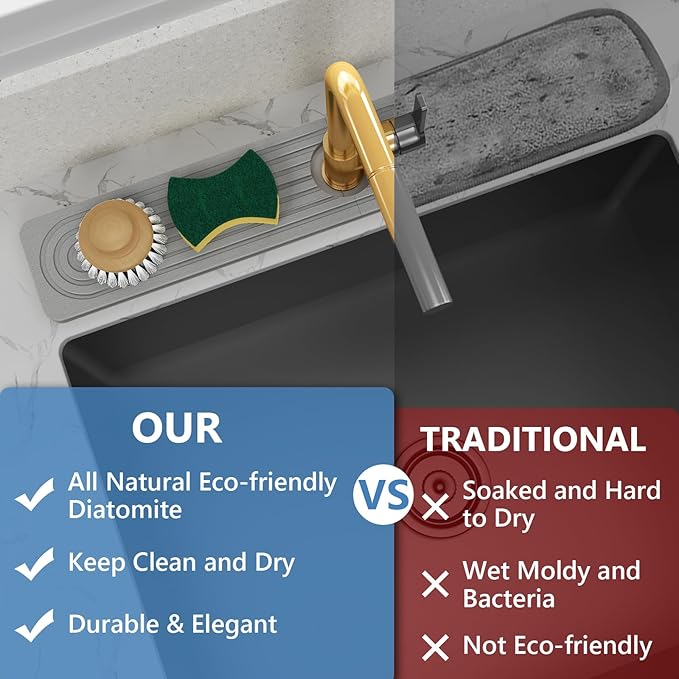 24'' Longer Stone Faucet Mat for Kitchen Sink [Super Absorbent, 30s Quick Drying] Water Absorbing Stone Tray for Sink Stone Mat for Kitchen Sink Stone Quick Dry Around Faucet Diatomite Stone Sink Tray