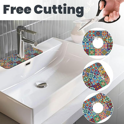 Talavera Mexican Ceramic Tile Floral Kitchen Sink Splash Guard Faucet Mat Super Absorbent Fast Drying Mat Sink Gadgets-Fast Drying Pad Sink Mat For Kitchen Bathroom (15" X 5.5" )