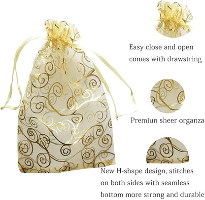 100 Pcs 5x7 inch Gift Wrap Bags Gold Rattan, Organza Sheer Clear Tulle Fabric, Drawstring Mesh Bags for Baby Shower Favor, Jewelry, Birthday Party Favor,Sachet,Christmas Favour,Craft Business,Jewelery