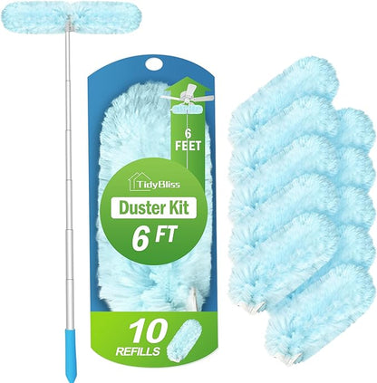 TidyBliss 6 ft Extendable Dusters for Cleaning Compatible with Swiffer, Super Long Handle Dusting Wand Kit with 10 Refills, 360 Degree Heavy Duty Microfibers Dust Removing Tool for Ceiling Fan Wall