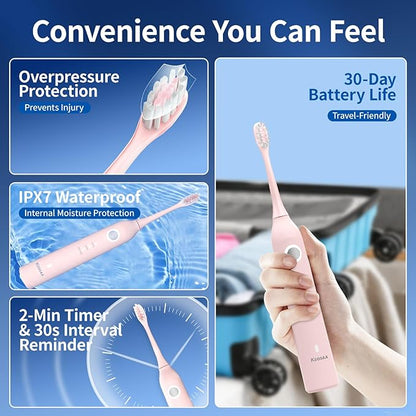 Sonic Vibrating Toothbrush with Pressure Sensor, Pink Electric Toothbrush with 8 Brush Heads, 3 Modes, 33000VPM, 2-Min Timer, One Charge Lasts for 30 Days, 3D Rounded Soft Bristles, IPX7 Waterproof