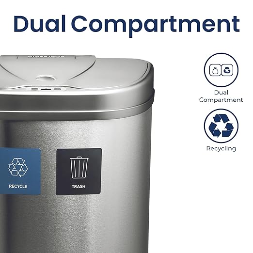 Ninestars 18.5 Gallons Automatic Touchless Kitchen Trash Can with Lid, Motion Sensor Trash Can for Kitchen, Office 70 Liter Stainless Steel Garbage Bin (2 x 9.2 Gallon Double Compartment)