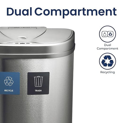 Ninestars 18.5 Gallons Automatic Touchless Kitchen Trash Can with Lid, Motion Sensor Trash Can for Kitchen, Office 70 Liter Stainless Steel Garbage Bin (2 x 9.2 Gallon Double Compartment)