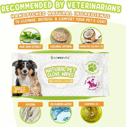 GoEcoVita Pet Deodorizing Glove Wipes for Dogs & Cats | Nourish & Clean Fur & Skin | Coconut Oil & Chamomile Rinse-Free Wipes | Bathing Glove Wipes for Daily Care | Natural, Hypoallergenic (18 Pack)