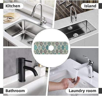 Teal And Brown Boho Style Kitchen Sink Splash Guard Faucet Mat Super Absorbent Fast Drying Mat Sink Gadgets-Fast Drying Pad Sink Mat For Kitchen Bathroom (15" X 5.5" )