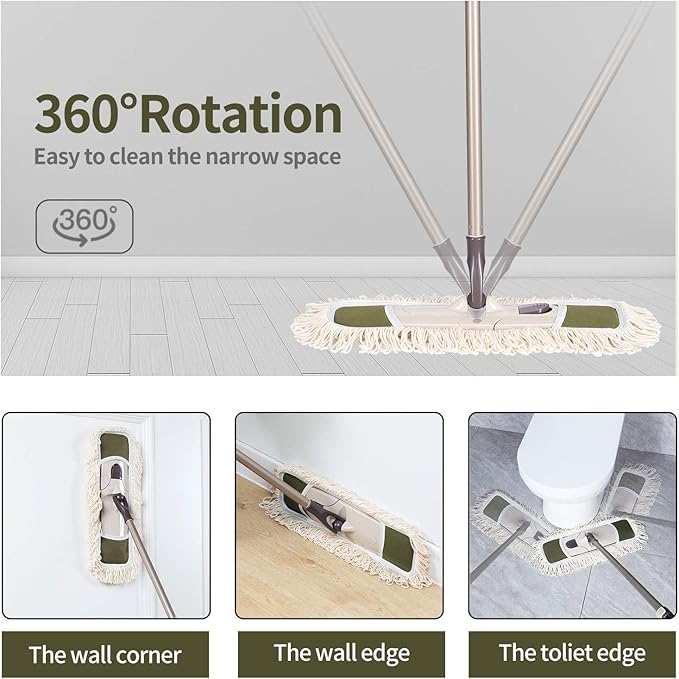 Eyliden Dust Mop with 2 Washable Pads for Hardwood & Tile Floors | 32.9"-52.6" Adjustable Handle, 360° Swivel, One-Touch Pad Release | Wet Dry Floor Cleaning Push Broom