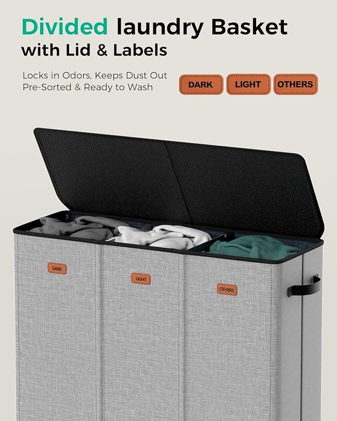 Laundry Hamper 3 Compartment 185L, Large Laundry Hamper with Lid and 3 Inner Bags, Dirty Clothes Hamper, Collapsible Laundry Sorter for Bedroom, Laundry Room, Dorm