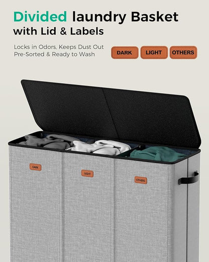 Laundry Hamper 3 Compartment 185L, Large Laundry Hamper with Lid and 3 Inner Bags, Dirty Clothes Hamper, Collapsible Laundry Sorter for Bedroom, Laundry Room, Dorm