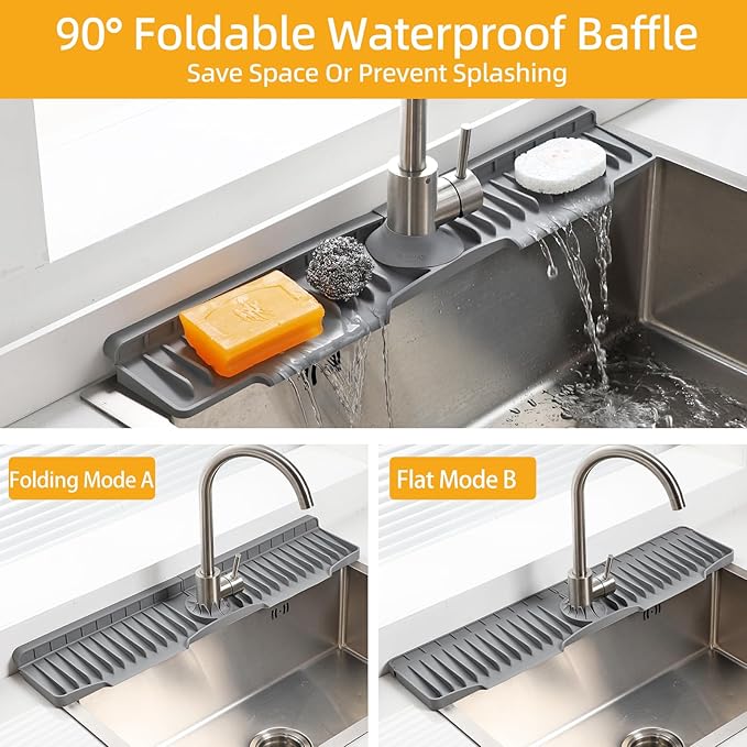 24" Silicone Sink Mat for Kitchen(Released in 2026) – 8° Slope for Quick Self-draining,Sink Splash Guard Behind the Faucet for Kitchen&Bathroom Area, Narrow Water Splash Guard Easy to Clean (Grey)
