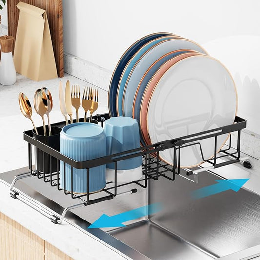 iSPECLE Small Sink Dish Drying Rack, Expandable Narrow Rust Resistant Dish Drainer for RV Apartment Kitchen, Dish Rack with Tightening Knob, Arms with Non Slip Rubber, 9.2" W x 16.6"-24" L, Black