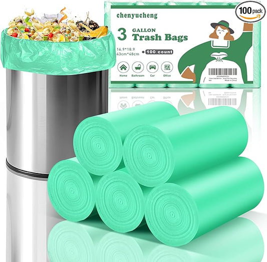 3 Gallon Small Bathroom Trash Bag - Green Mini Garbage Bags Biodegradable Kitchen Office Car Waste Basket Unscented Tiny Liners 100 Count 12 Liter Compostable Strong Thick Chenyucheng
