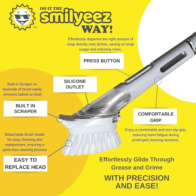 Smilyeez Soap Dispensing Dishwand (Grey) with Ergonomic Handle and 2 Interchangeable Brushes - Effortless Cleaning and Long-Lasting Durability - Kitchen and Dishwashing Essential