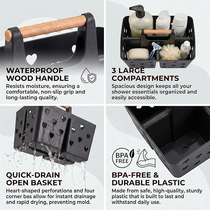 NINU Black Portable Shower Caddy with Handle, Plastic Shower Tote Basket with Divided Compartments and Drainage Holes, Bathroom Caddy Organizer for College Dorm, Gym, Camping, Shared Bathroom