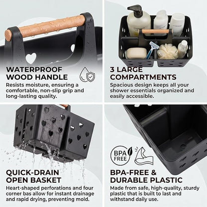 NINU Black Portable Shower Caddy with Handle, Plastic Shower Tote Basket with Divided Compartments and Drainage Holes, Bathroom Caddy Organizer for College Dorm, Gym, Camping, Shared Bathroom