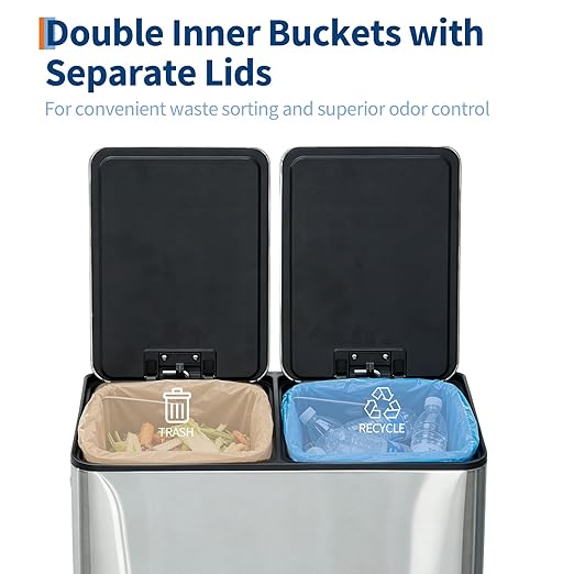 Dual 2 x 5.3 gal (2 x 20L) Stainless Steel Trash Can with Recycling Bin, Soft-Close Lid, Foldable Anti-Slip Step-on Pedal, Stainless Steel Handle, Removable Plastic Inner Buckets for Kitchen or Office