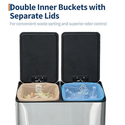 Dual 2 x 5.3 gal (2 x 20L) Stainless Steel Trash Can with Recycling Bin, Soft-Close Lid, Foldable Anti-Slip Step-on Pedal, Stainless Steel Handle, Removable Plastic Inner Buckets for Kitchen or Office