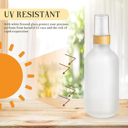 4-Pack 4 Oz Glass Spray Bottle with Bamboo Lid,Empty Refillable Fine Mist Atomizer,Leak-Proof Travel Liquid Holder Container for Cologne,Essential Oils,Room Sprays,Cleaning Solutions (Frosted)