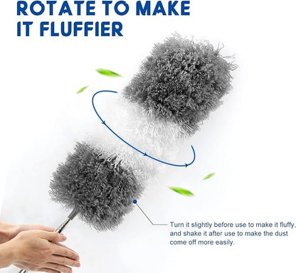 Microfiber Feather Dusters for Cleaning, Extendable Duster with 110" Extension Pole & 2pcs Replaceable Bendable Head, Cleaner Supplies Duster Tool for Ceiling Fan Furniture Cars Home Kitchen Gadgets