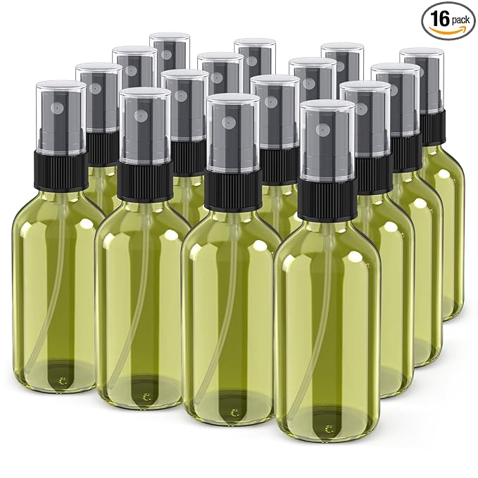 Wedama Spray Bottle, 4 oz Fine Mist Glass Spray Bottles, Little Refillable Liquid Containers for Watering Flowers Cleaning (16 Pack Olive Green)