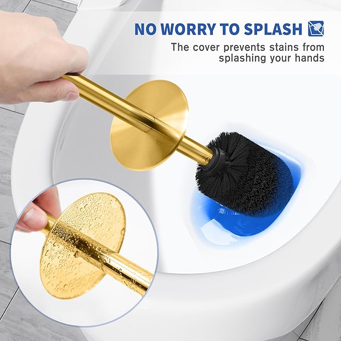 Toilet Brush and Holder, 2 Pack Toilet Brush Stainless Steel, Toilet Bowl Brush for Bathroom Toilet-Ergonomic, Elegant,Durable (Gold)