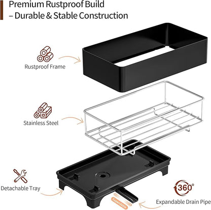 MOUKABAL Sponge Holder for Kitchen Sink – Rustproof Stainless Steel, 360° Rotating Drain Pipe, Large Counter Organizer with Drip Tray for Sponges, Brushes & Dish Cloths Black