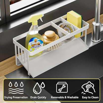 Kitchen Sink Caddy Organzier with Sponge Holder and Removable Drip Tray for Kitchen Sink, 304 Stainless Steel Organize for Sponge Soap Dish Brush Storage Accessories(White)