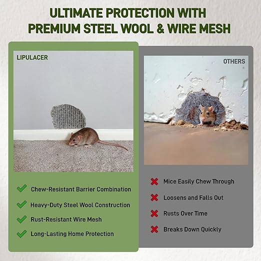 Steel Wool Mice Control, 3 Pack 3’’x11.5Ft Steel Wool & 1 Pack 5’’x15Ft Stainless Steel Wire Mesh with Gloves, Scissors & Wood Stick, Mouse Hole Filler DIY Kit for House & Garage, Wall Gaps