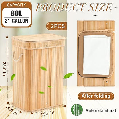 2 Pack 21 Gallon Bamboo Slim Trash Can with Lid Large Foldable Slim Rectangular Garbage Can Laundry Basket Bamboo Waste Basket for Bathroom Bedroom Office Home Salon Spa (Wooden Color)